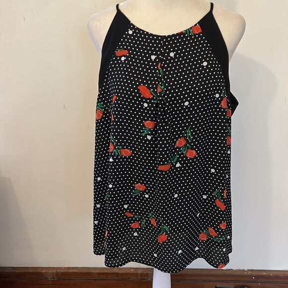 Serein black white polka dot red rose blouse Size L - Picture 2 of 10